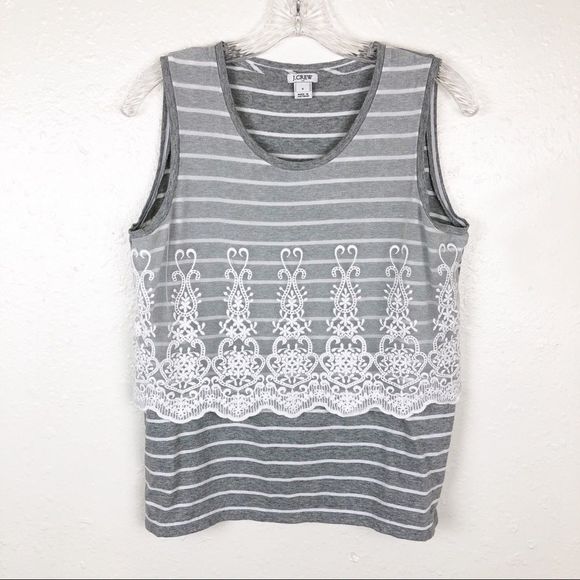 J. Crew Embroidered Lace Gray White Stripe Tank Top Small - Picture 1 of 7